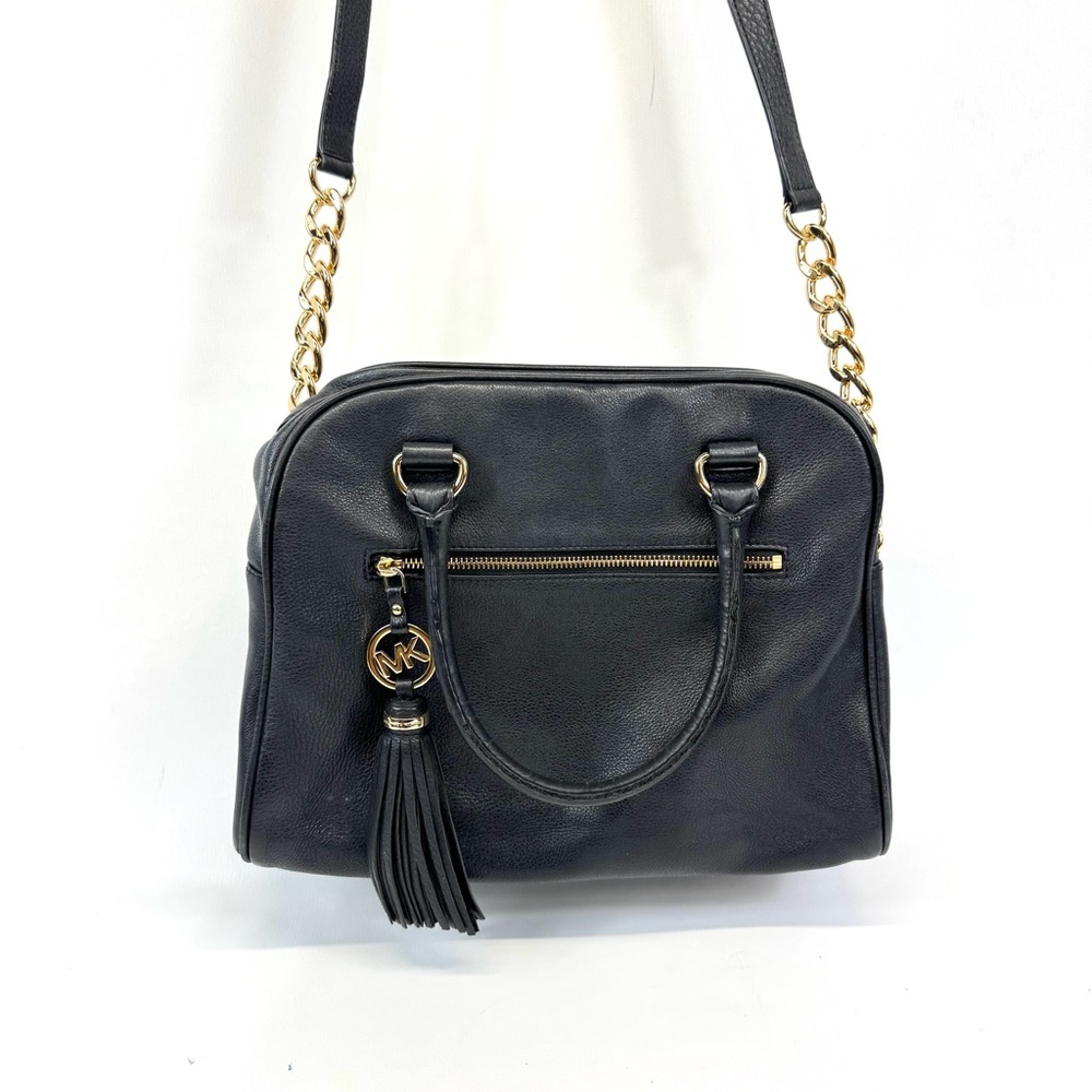 Michael Kors Knox Black Pebbled Leather bag w tassel, gold & leather chain/strap